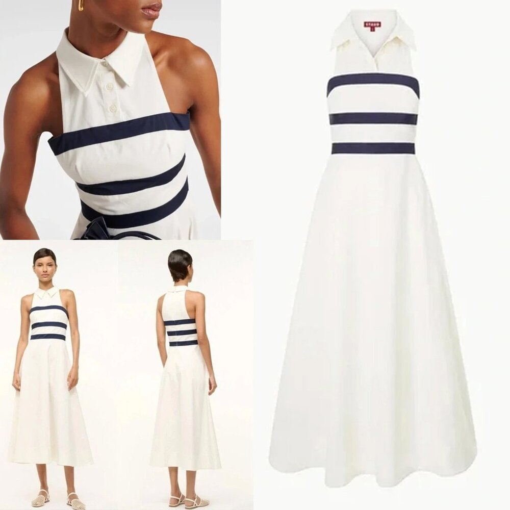 STAUD CAPTAIN IVORY OFF WHITE NAVY BLUE STRIPED HALTER MIDI DRESS SIZE 4 NWT